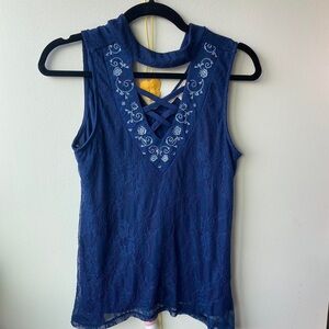 Royal Blue Floral Lace Tank with V-Neck Cutout